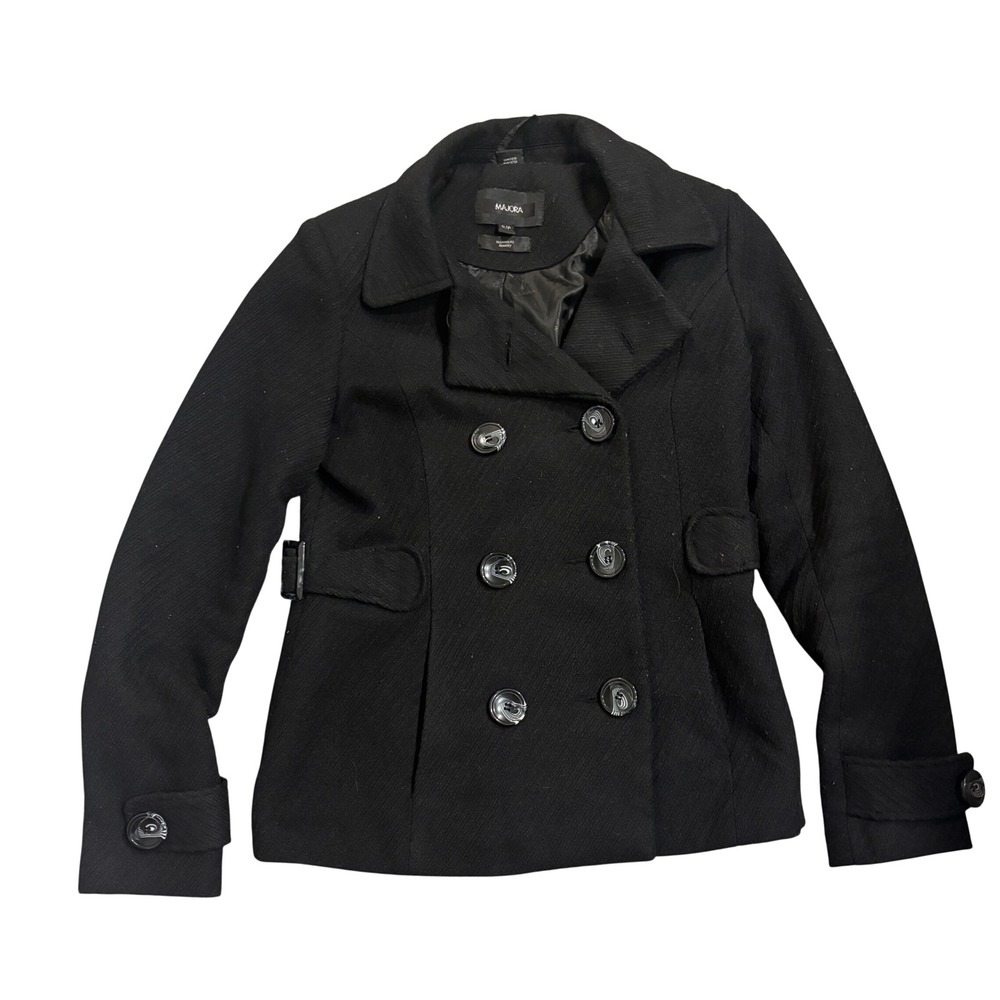 Majora Womens Black Wool Blend Double Breasted Pea Coat Jacket FS-903 Size S